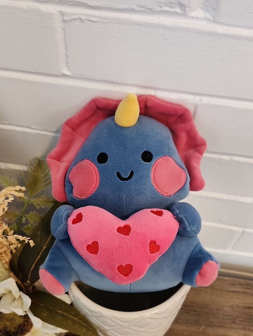 Plush Blue Dinosaur Holding Pink Heart - Kids Stuffed Animal